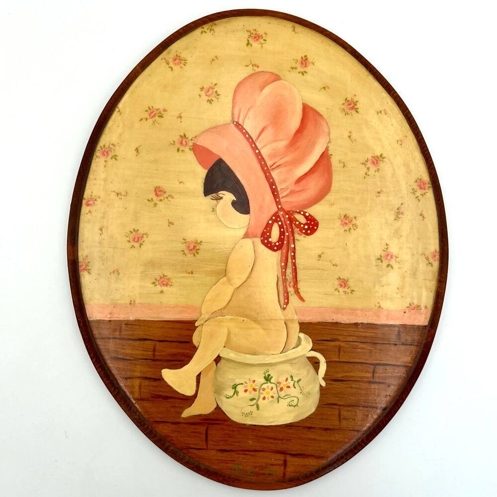 Vintage 1979 Hand Painted Wood Bonnet Girl Chamber Pot Bathroom Wall Art 70s